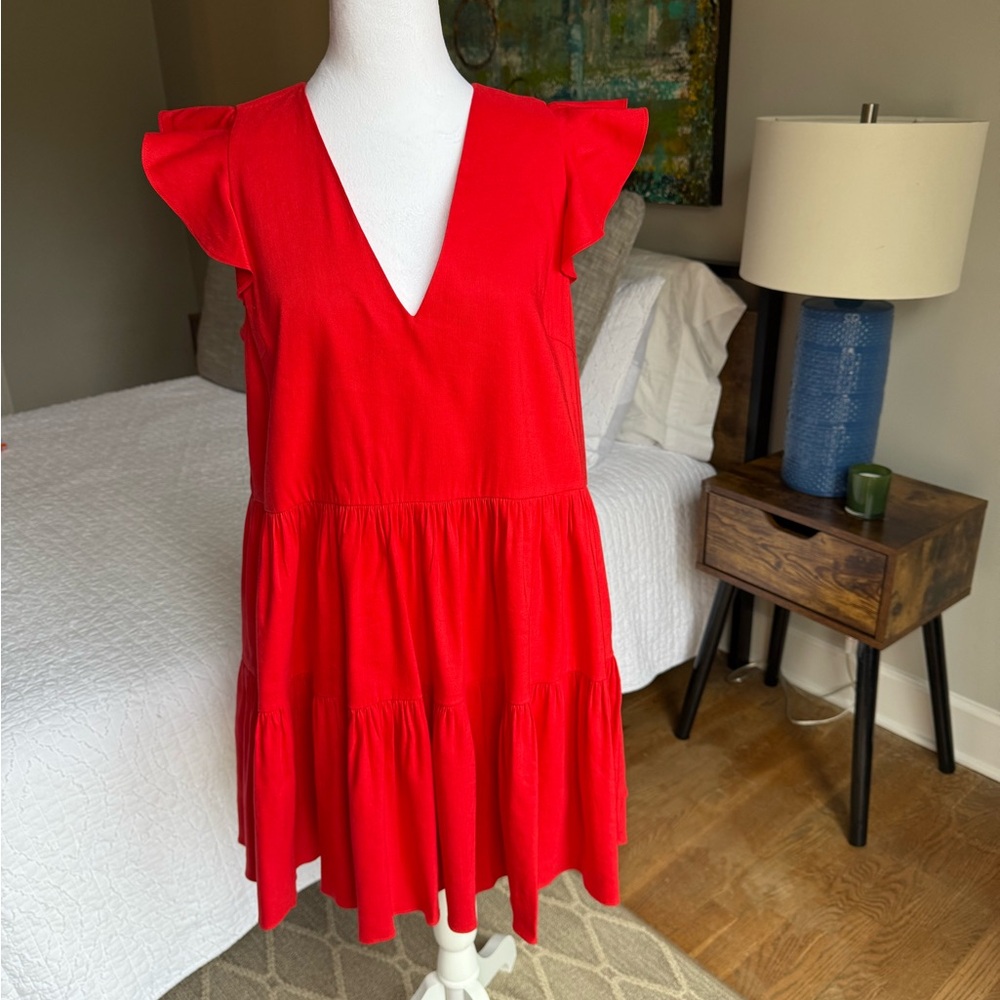 Red V-Neck Ruffle Sleeve Dress